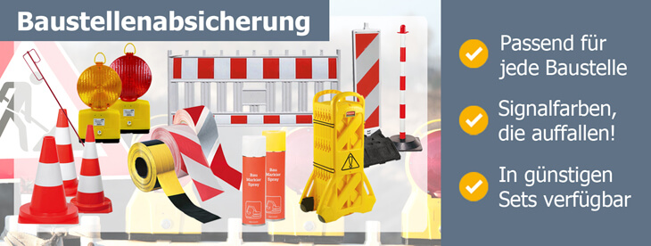Baustellenabsicherungen wie Leitkegel, Absperrbaken, Warnleuchten und Absperrband
