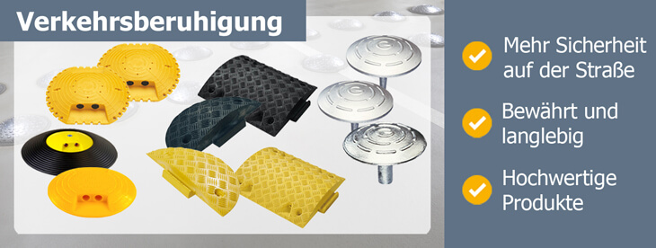 Produkte zur Verkehrsberuhigung: Markierungsnägel, Bremsschwellen, Bodenschwellen und Tempo-Stop-Nägel in Gelb, Schwarz und aus Metall